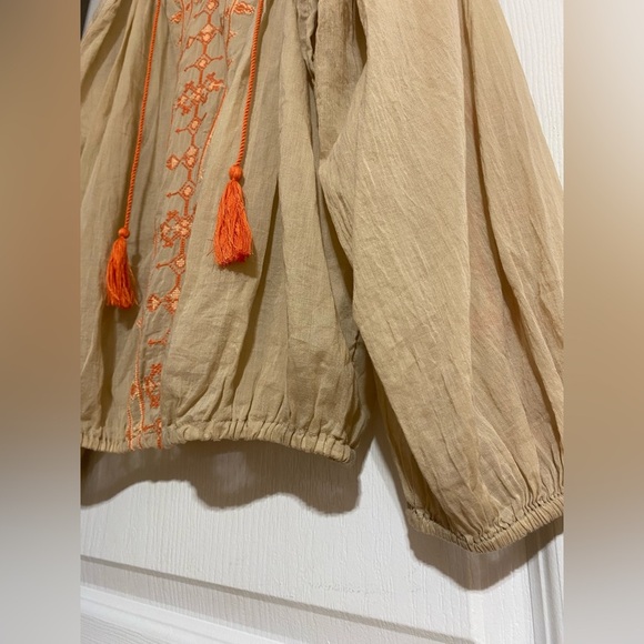 Lucky Brand Cream Boho Tassel Cotton Lightweight Flowy Coastal Blouse Size Small - Picture 4 of 7